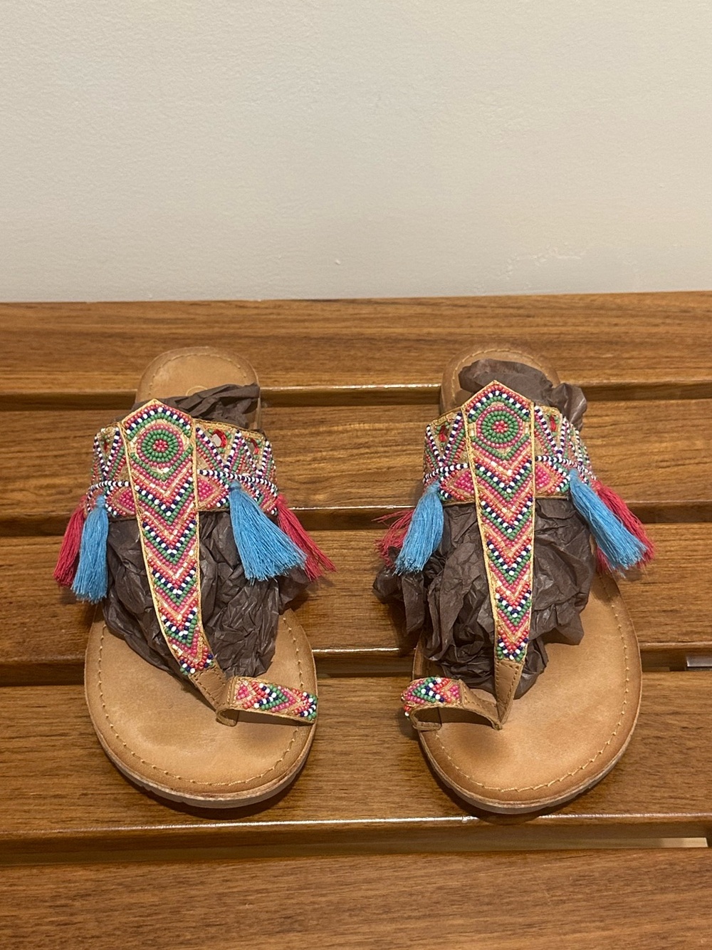 Chinese Laundry Multicolor Beaded T-Strap Sandals with Tassels 8